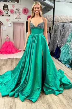 Green Satin A-line V-neck Beaded Spaghetti Straps Prom Dress With Slit, MP958