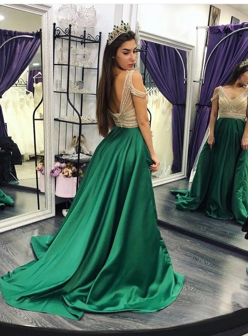 Green Satin Bead Crystals Prom Gown Off-the-shoulder