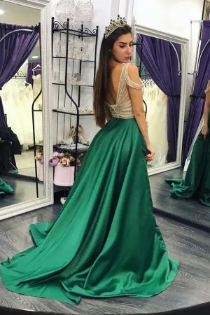 Green Satin Bead Crystals Prom Gown Off-the-shoulder