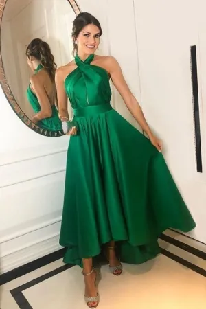 Green Satin High Low Prom Gown with Halter Neckline
