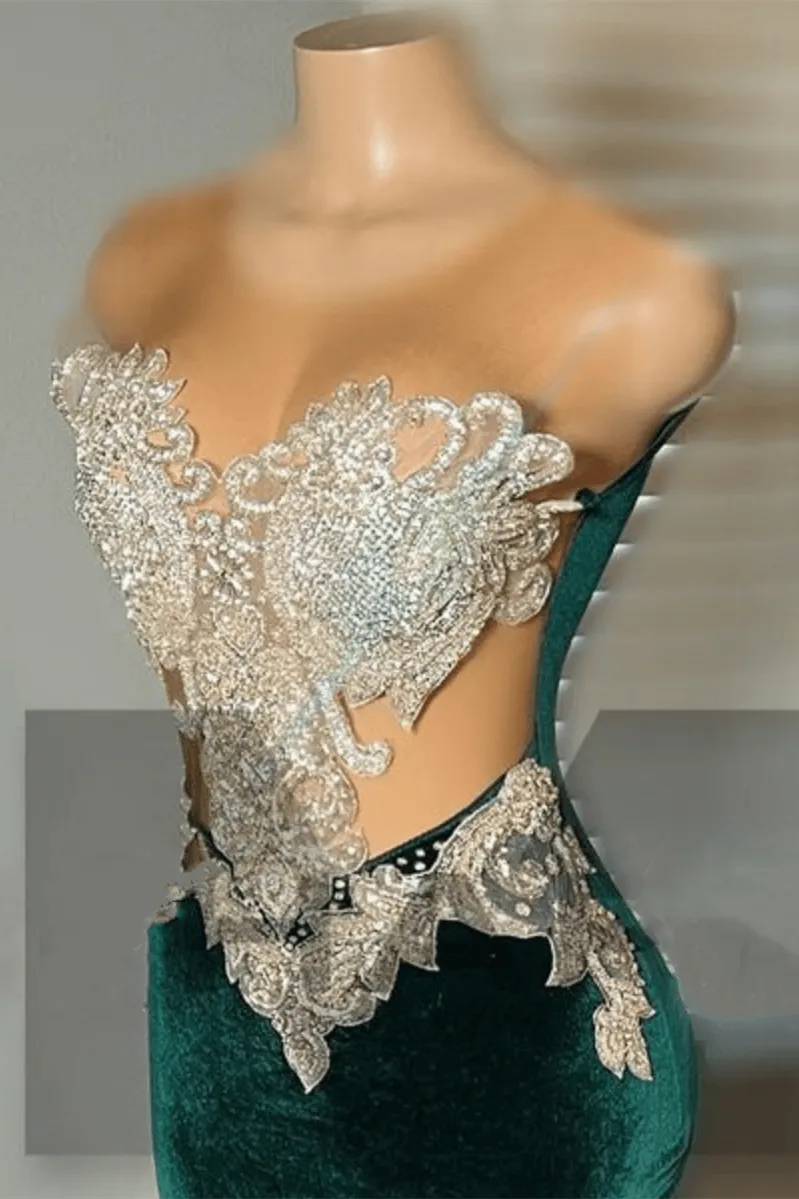 Green Velvet Mermaid Beadings Sheer Tulle Sexy Prom Dress