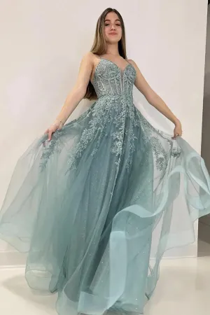 Grey Green Tulle A-line Lace Appliques Spaghetti Straps Prom Dresses, MP947