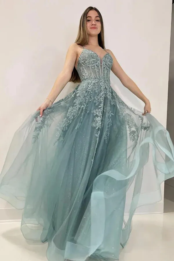 Grey Green Tulle A-line Lace Appliques Spaghetti Straps Prom Dresses, MP947
