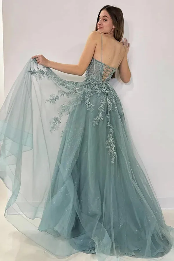Grey Green Tulle A-line Lace Appliques Spaghetti Straps Prom Dresses, MP947