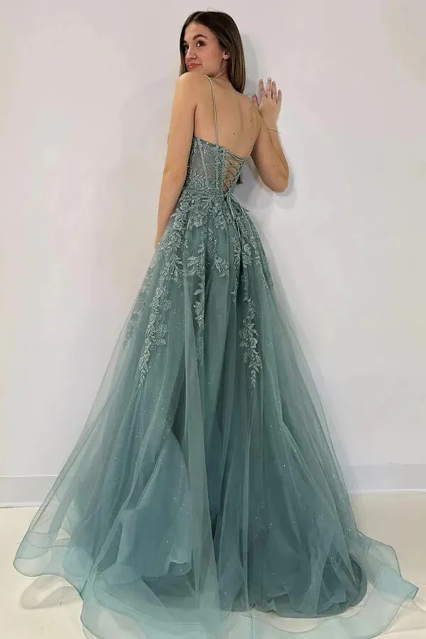 Grey Green Tulle A-line Lace Appliques Spaghetti Straps Prom Dresses, MP947