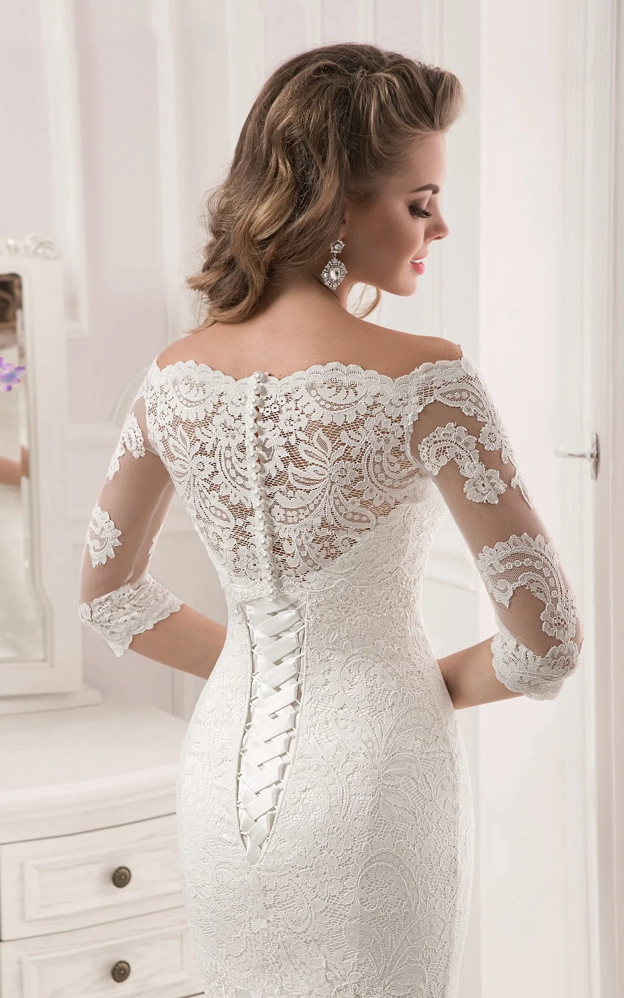 Half Sleeve Scalloped Neckline Lace Mermaid Dress-714173