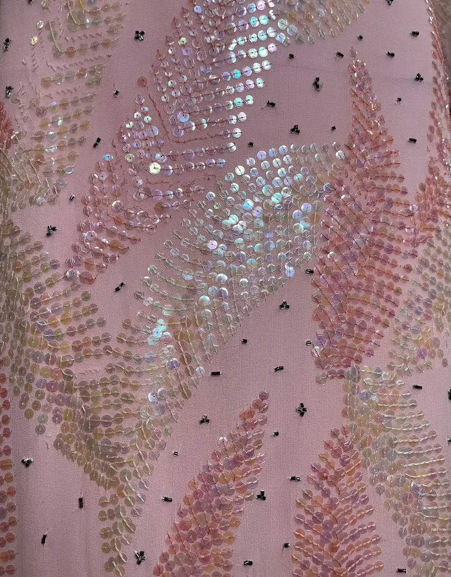 Halston 70s Pink Chiffon Feather Motif Sequin Gown