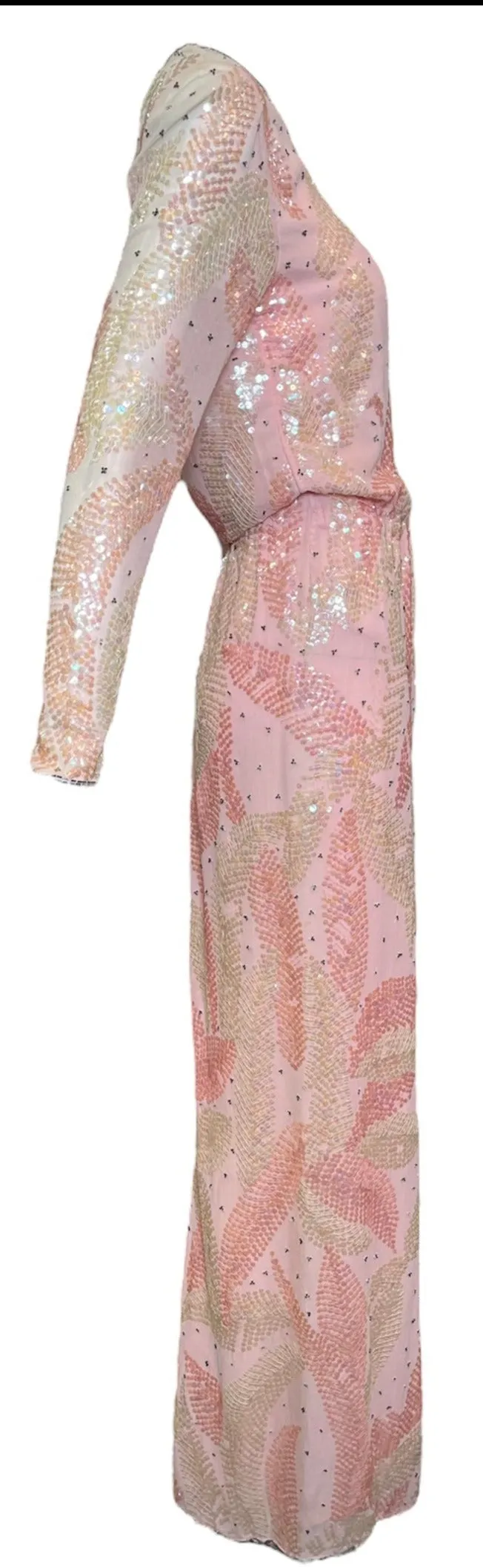 Halston 70s Pink Chiffon Feather Motif Sequin Gown