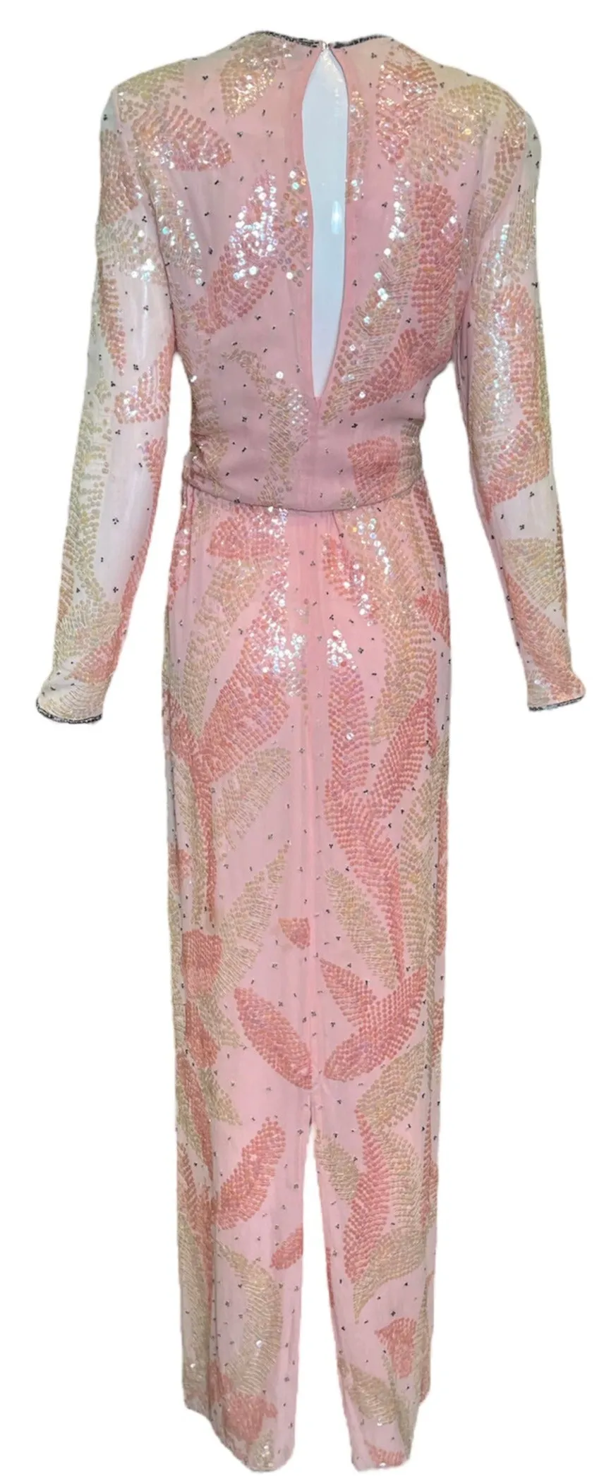 Halston 70s Pink Chiffon Feather Motif Sequin Gown