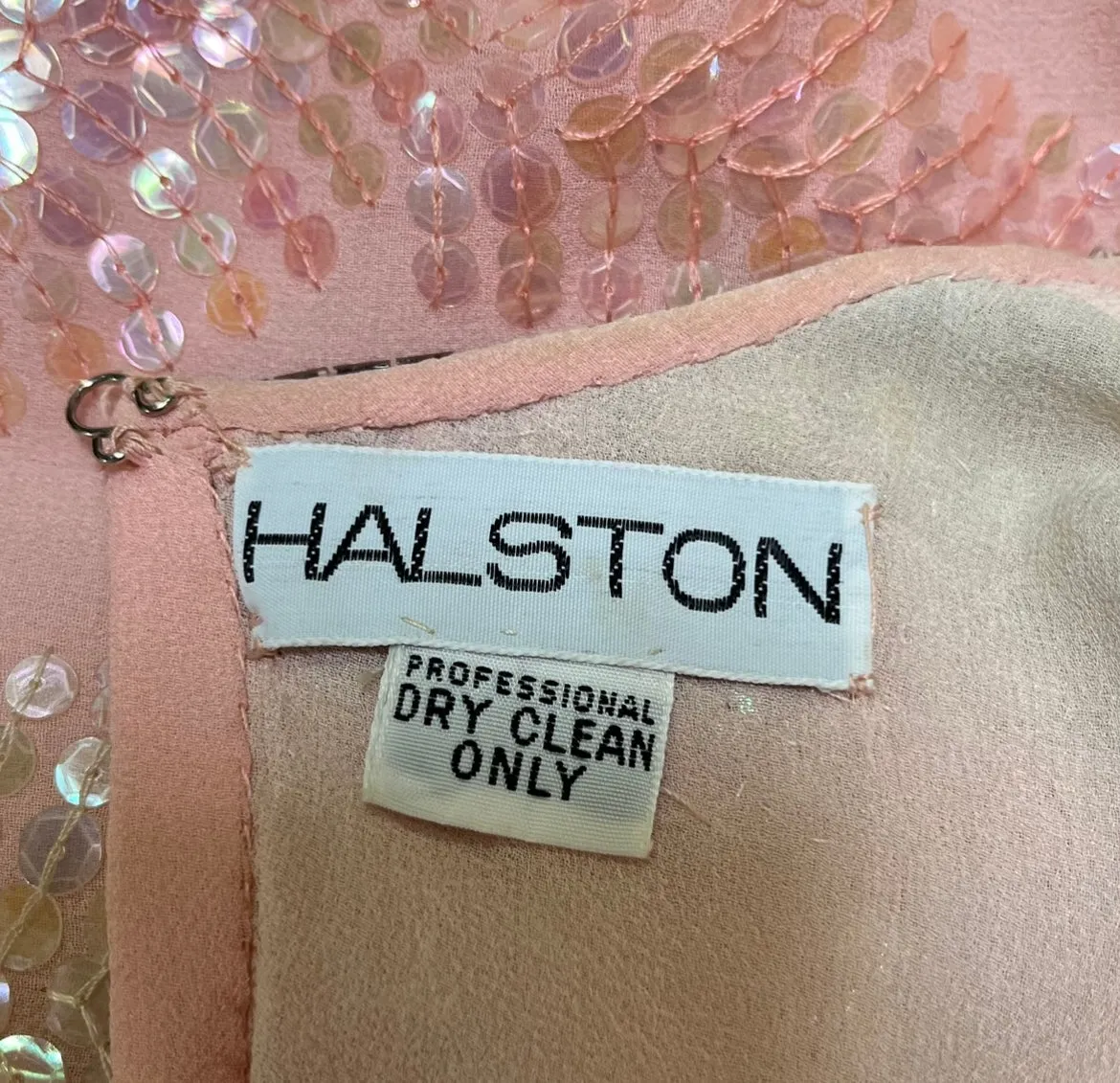 Halston 70s Pink Chiffon Feather Motif Sequin Gown