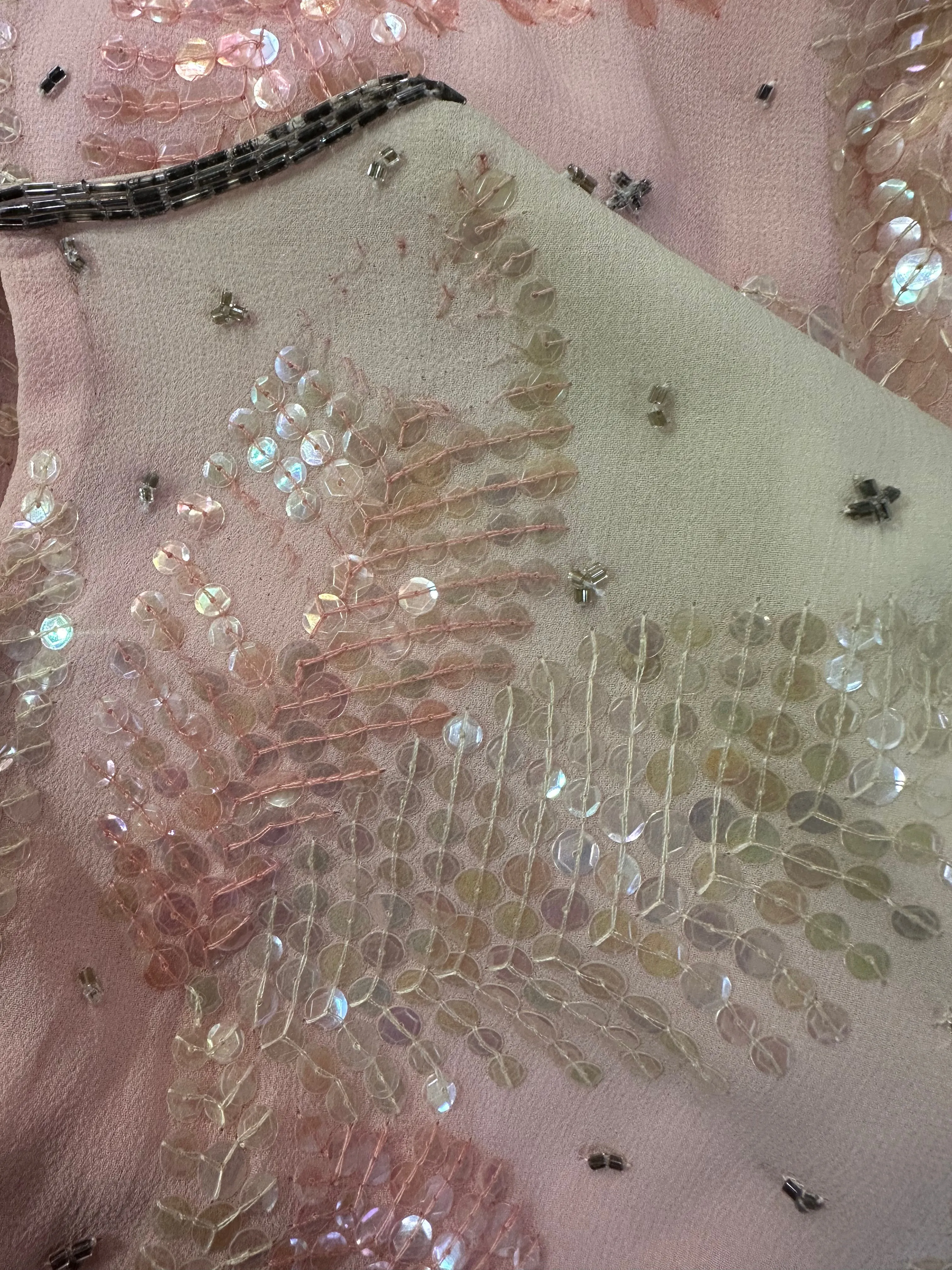 Halston 70s Pink Chiffon Feather Motif Sequin Gown