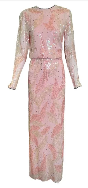 Halston 70s Pink Chiffon Feather Motif Sequin Gown