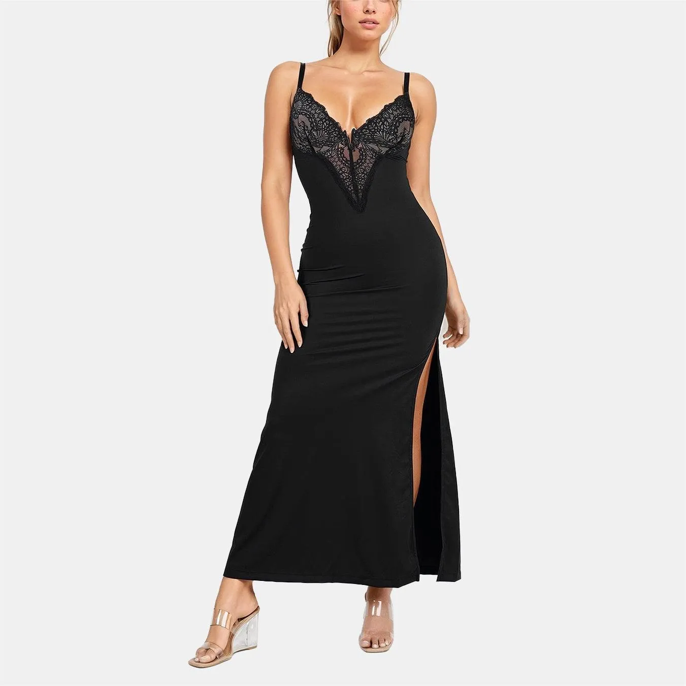 Halter Lace Dresses Black Long Dresses Gowns Built-in Shapewear