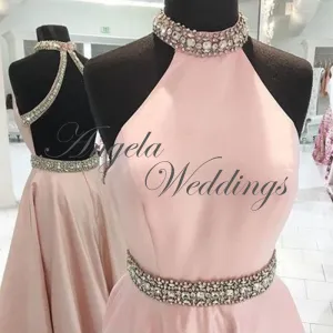 Halter Prom Dress Long 2020 Pink Elastic Satin Party Gowns
