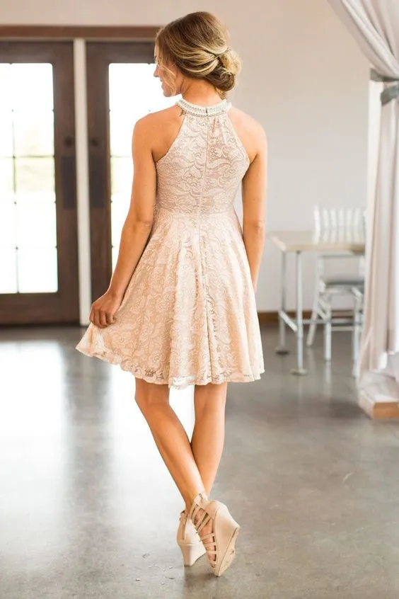 Halter Short Pearl Pink Lace Junior Homecoming Dresses Online with Pearls,TYP0971