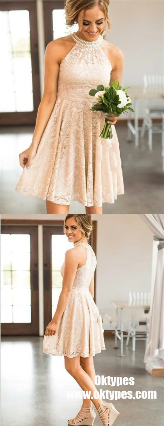 Halter Short Pearl Pink Lace Junior Homecoming Dresses Online with Pearls,TYP0971