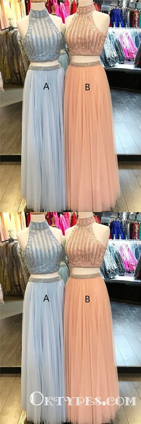 High Neck Peach Two Piece Long Cheap Prom Dresses with Beading, TYP1811