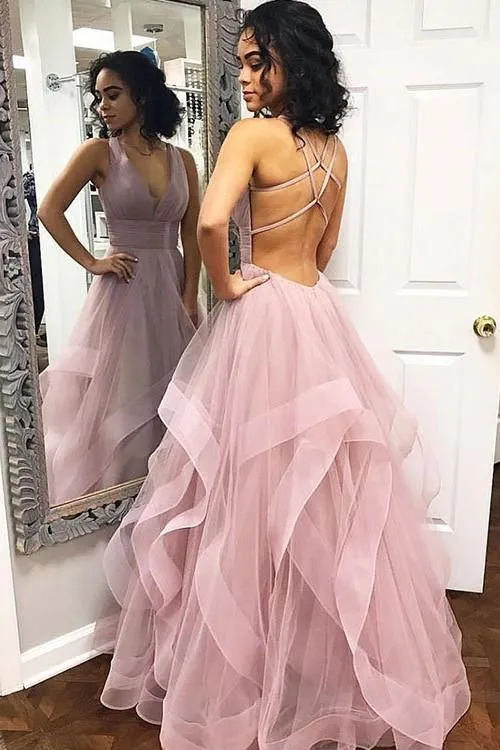Horsehair Trim Mauve Prom Gown with V-neckline