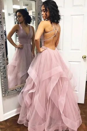 Horsehair Trim Mauve Prom Gown with V-neckline
