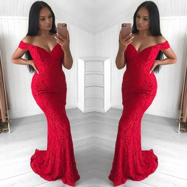 Hot Mermaid Red Lace Off the Shoulder Prom Dresses