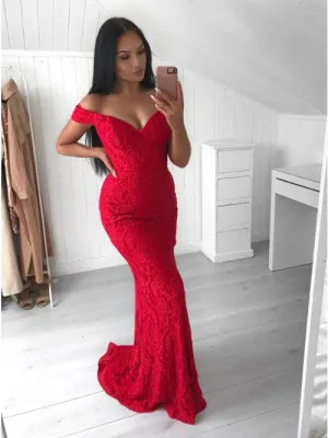 Hot Mermaid Red Lace Off the Shoulder Prom Dresses