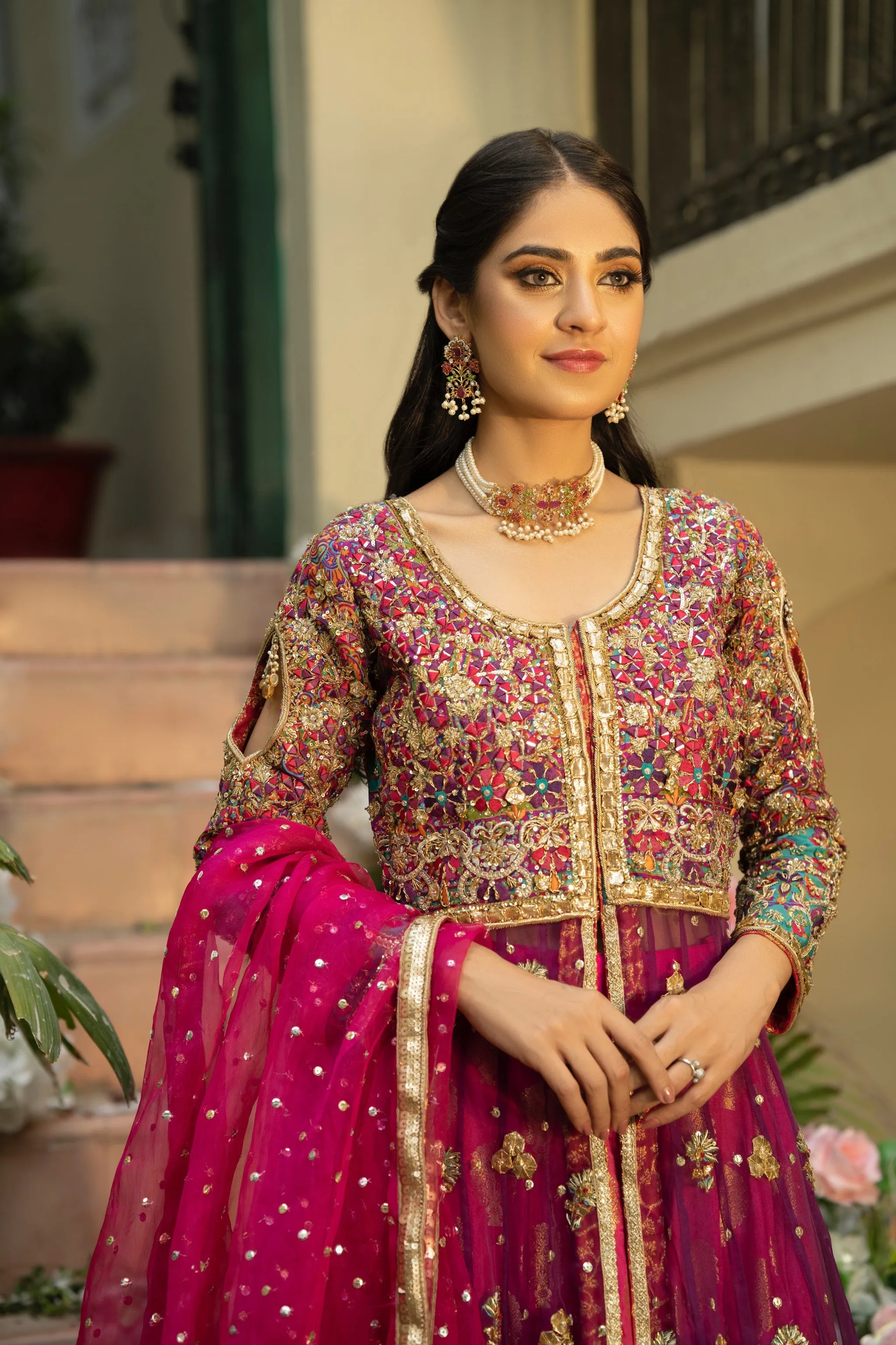 Hot Pink Lehenga and Open Frock Pakistani Bridal Dress
