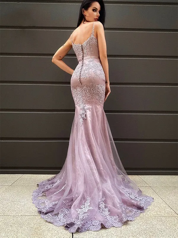Hot V Neck Sleeveless Long Mermaid Lace Prom Dresses