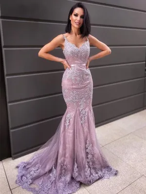 Hot V Neck Sleeveless Long Mermaid Lace Prom Dresses