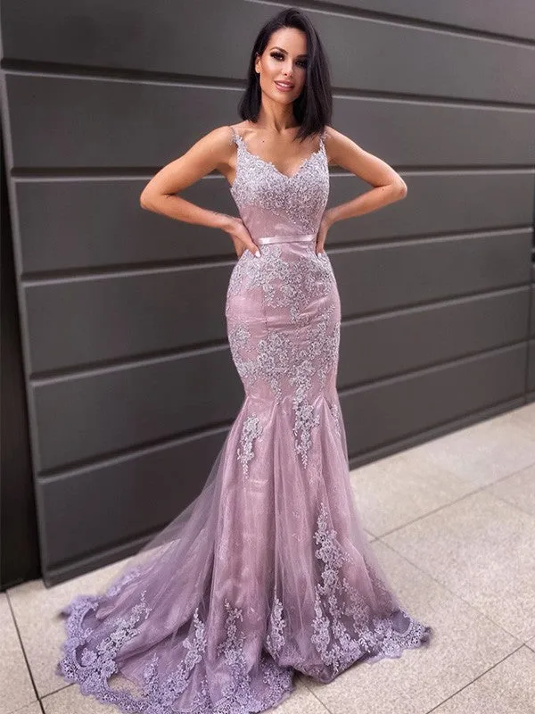 Hot V Neck Sleeveless Long Mermaid Lace Prom Dresses