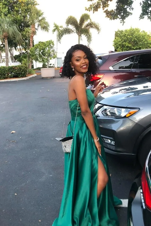 Hunter Green Satin Prom Gown Strapless Maxi Long Dress with Side Slit