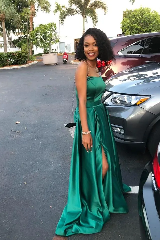 Hunter Green Satin Prom Gown Strapless Maxi Long Dress with Side Slit