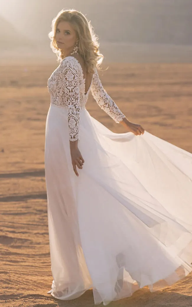 Illusion Back Chiffon Beach Wedding Dress with A-Line and Bateau Neckline-716665
