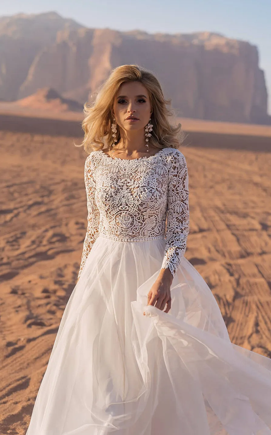Illusion Back Chiffon Beach Wedding Dress with A-Line and Bateau Neckline-716665