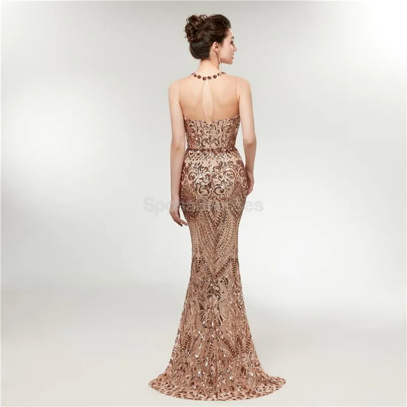 Illusion Gold Sequin Sparkly Mermaid Long Evening Prom Dresses, Evening Party Prom Dresses, 12012