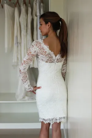 Illusion Neckline Long Sleeve Short Lace Wedding Dress With V Back-ET_711608