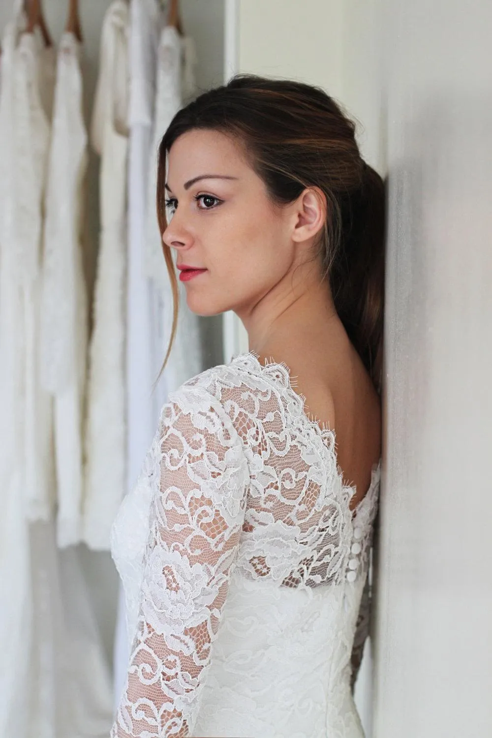 Illusion Neckline Long Sleeve Short Lace Wedding Dress With V Back-ET_711608