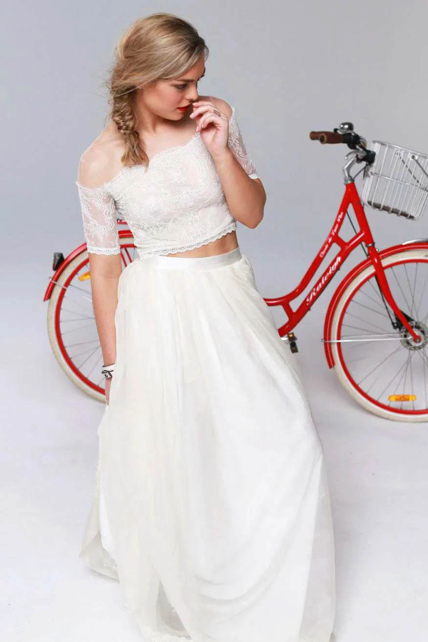 Illusion Off-The-Shoulder Lace Short Sleeve Two Piece Wedding Dress-715298