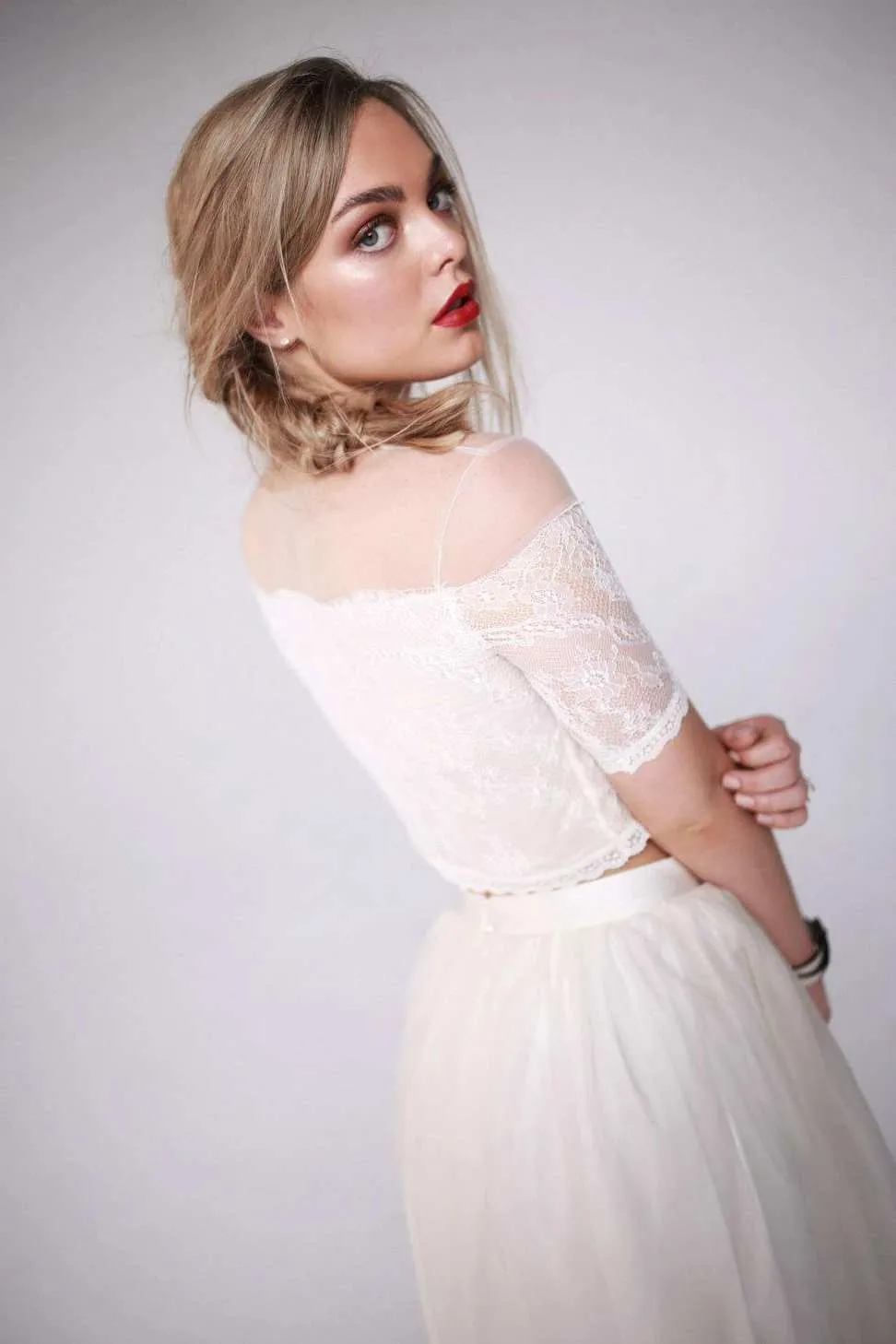 Illusion Off-The-Shoulder Lace Short Sleeve Two Piece Wedding Dress-715298