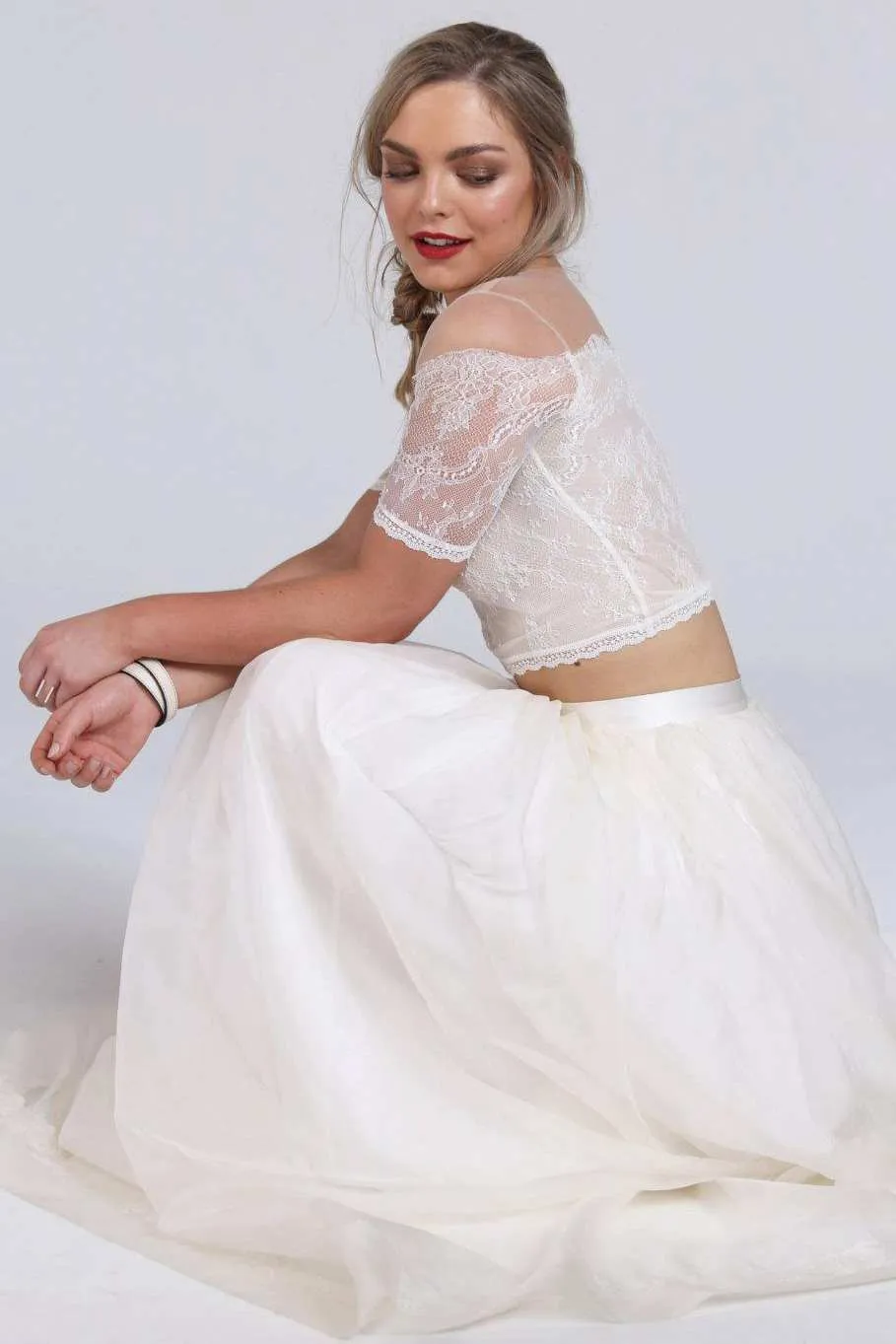 Illusion Off-The-Shoulder Lace Short Sleeve Two Piece Wedding Dress-715298