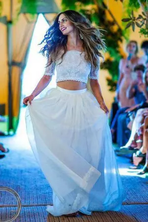 Illusion Off-The-Shoulder Lace Short Sleeve Two Piece Wedding Dress-715298