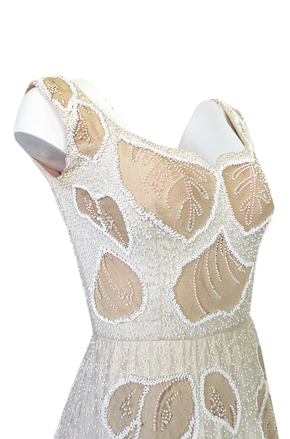 Incredible 1950s Harvey Berin Couture Densely Beaded Ivory Silk Dress