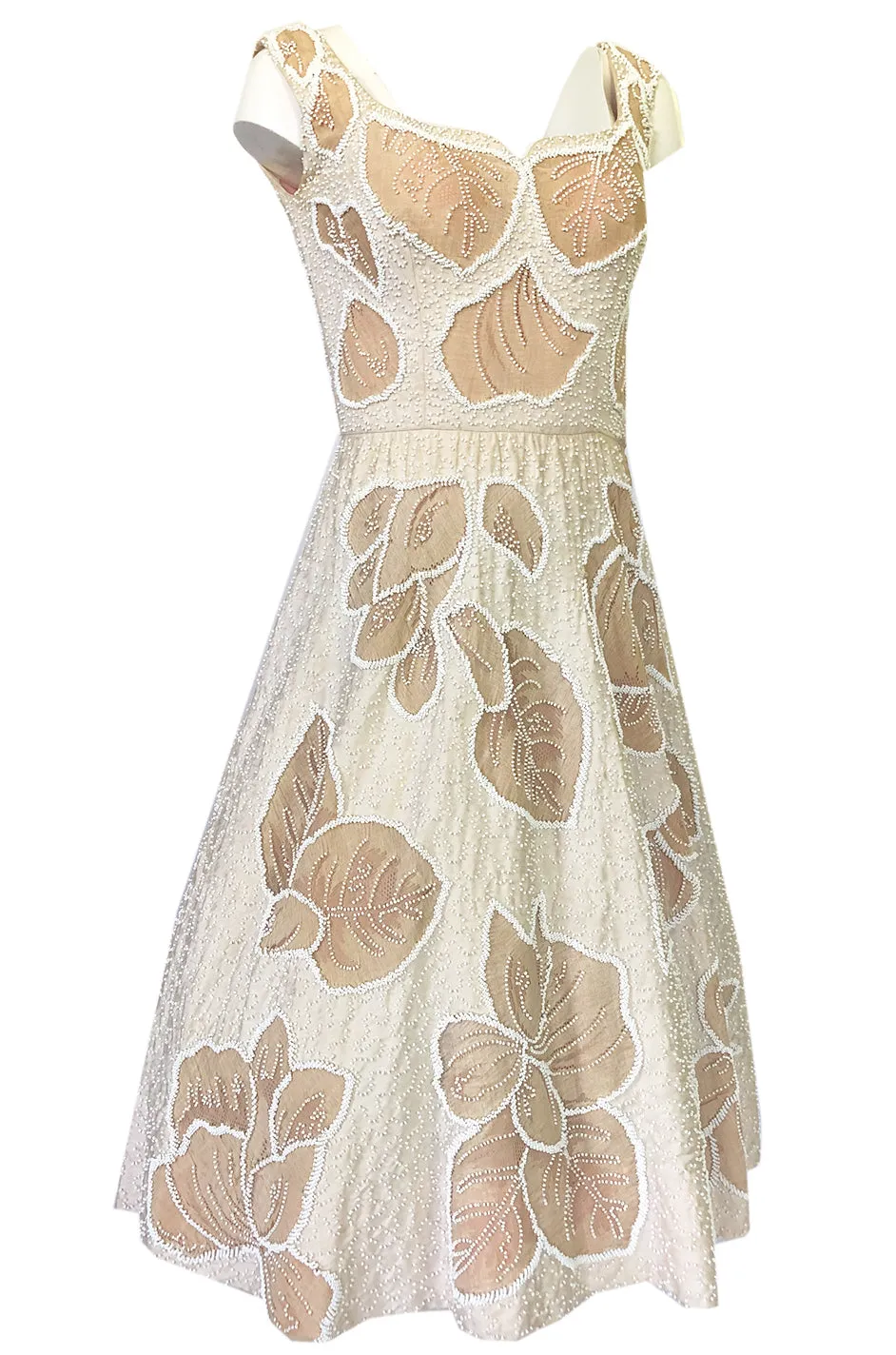 Incredible 1950s Harvey Berin Couture Densely Beaded Ivory Silk Dress