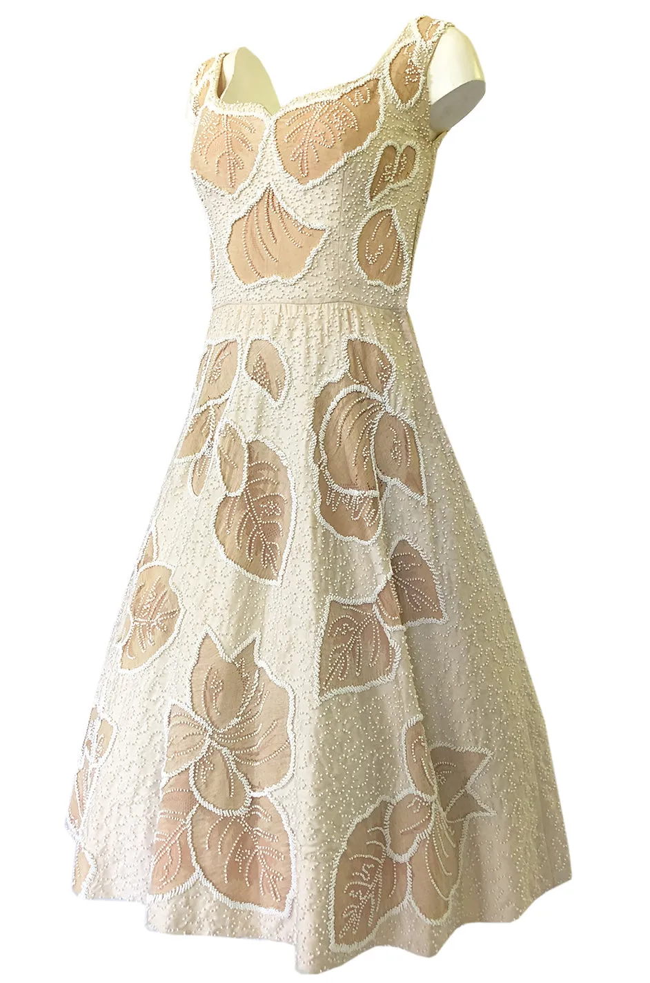 Incredible 1950s Harvey Berin Couture Densely Beaded Ivory Silk Dress