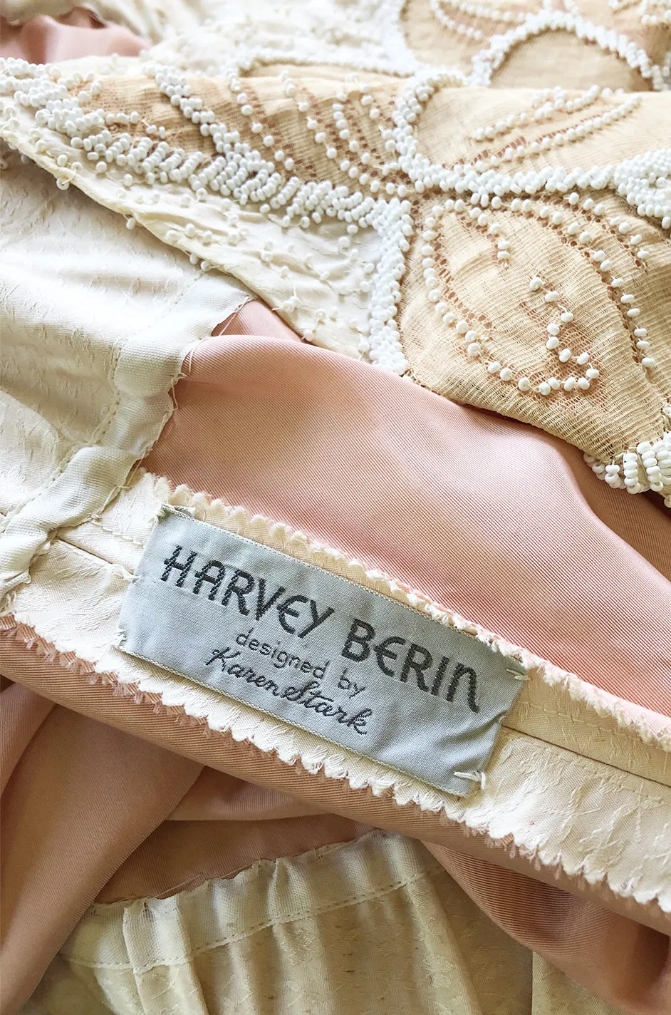 Incredible 1950s Harvey Berin Couture Densely Beaded Ivory Silk Dress