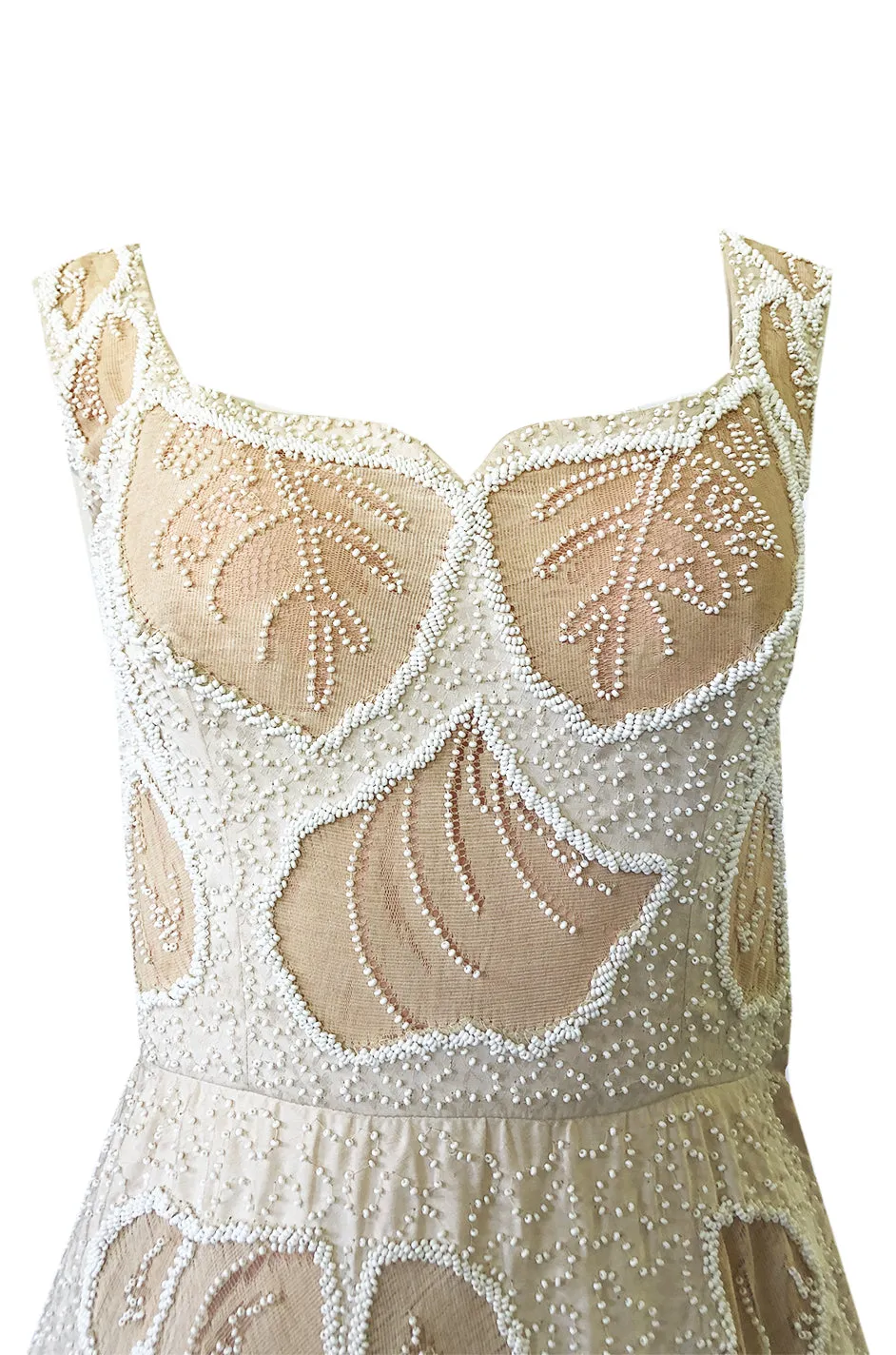 Incredible 1950s Harvey Berin Couture Densely Beaded Ivory Silk Dress