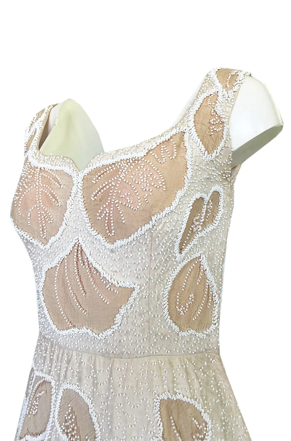 Incredible 1950s Harvey Berin Couture Densely Beaded Ivory Silk Dress