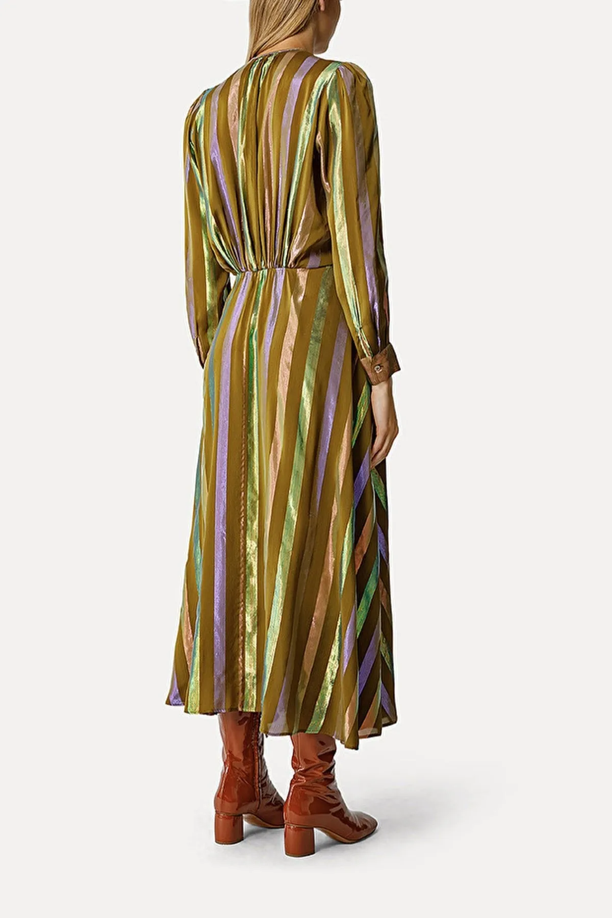 Iridescent Habotai Long–Sleeve Dress in Bronze