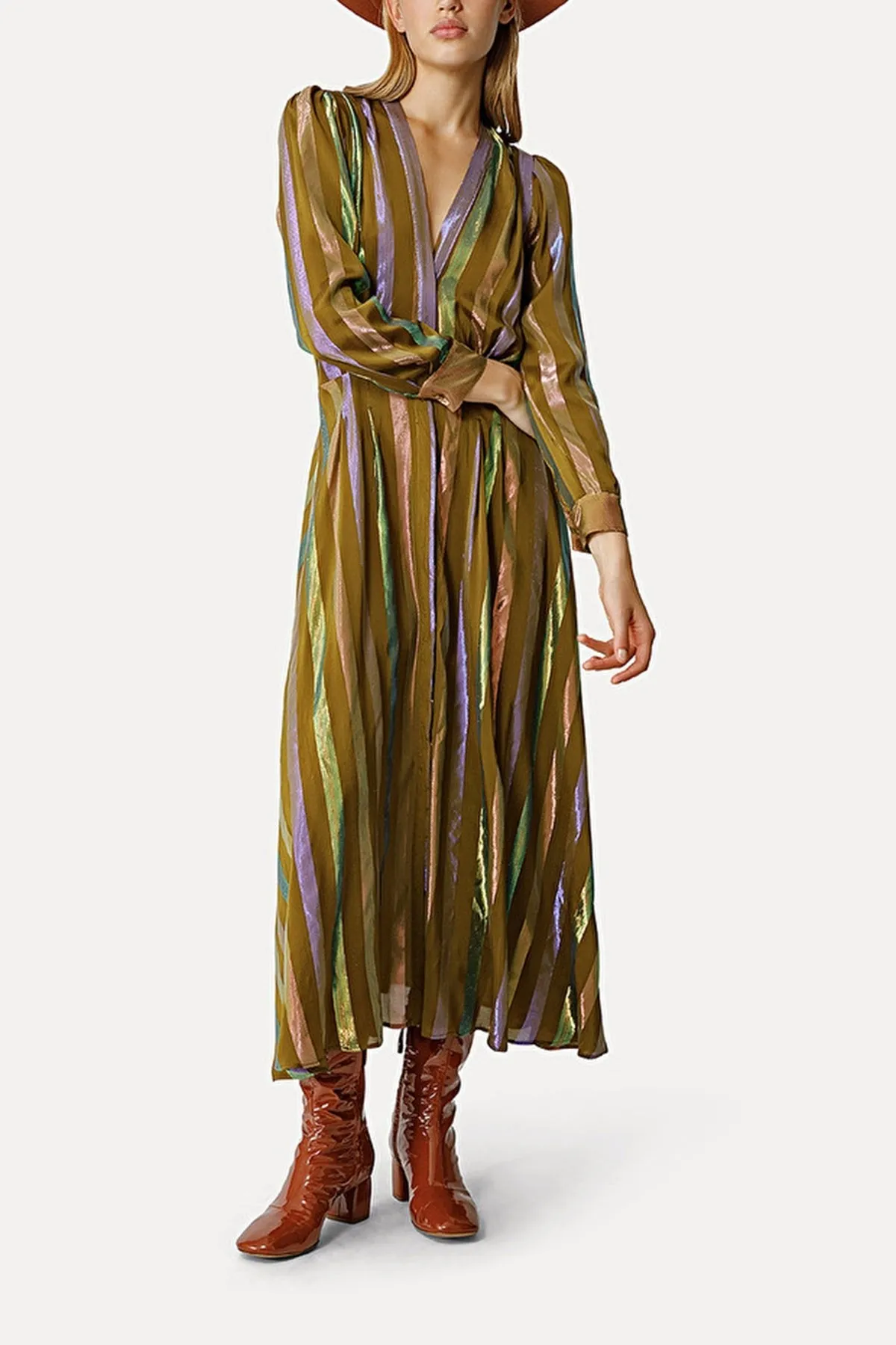 Iridescent Habotai Long–Sleeve Dress in Bronze