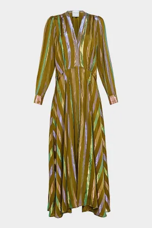 Iridescent Habotai Long–Sleeve Dress in Bronze