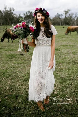 Ivory Lace A-line Two Pieces Short Sleeves Beach Wedding Dresses, MW932